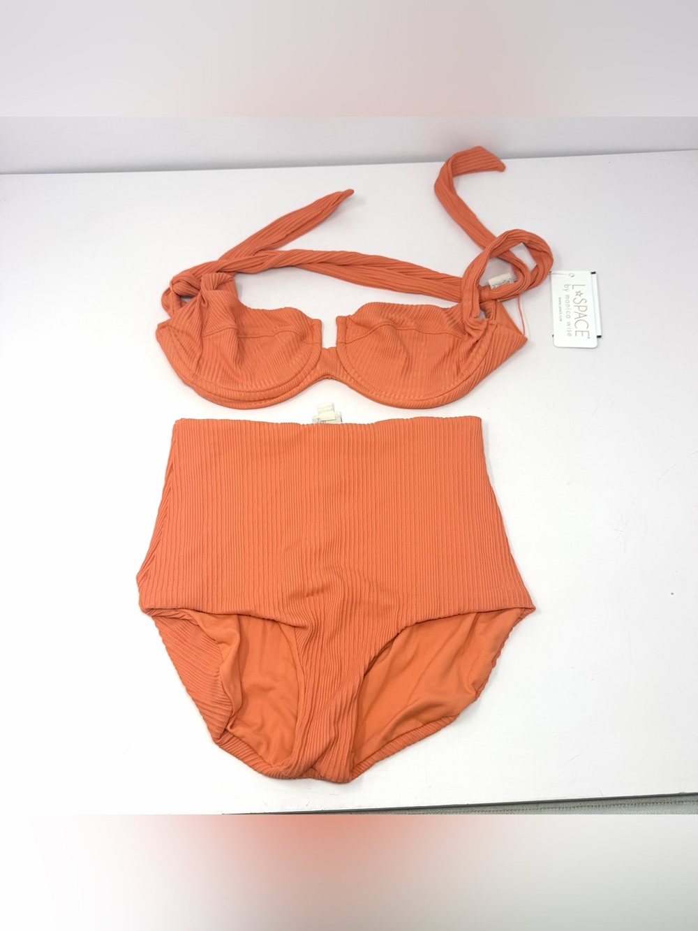 L Space Camellia Bikini Swimwear Set Sunset Orange Ribbed High Waisted Sz S NWT